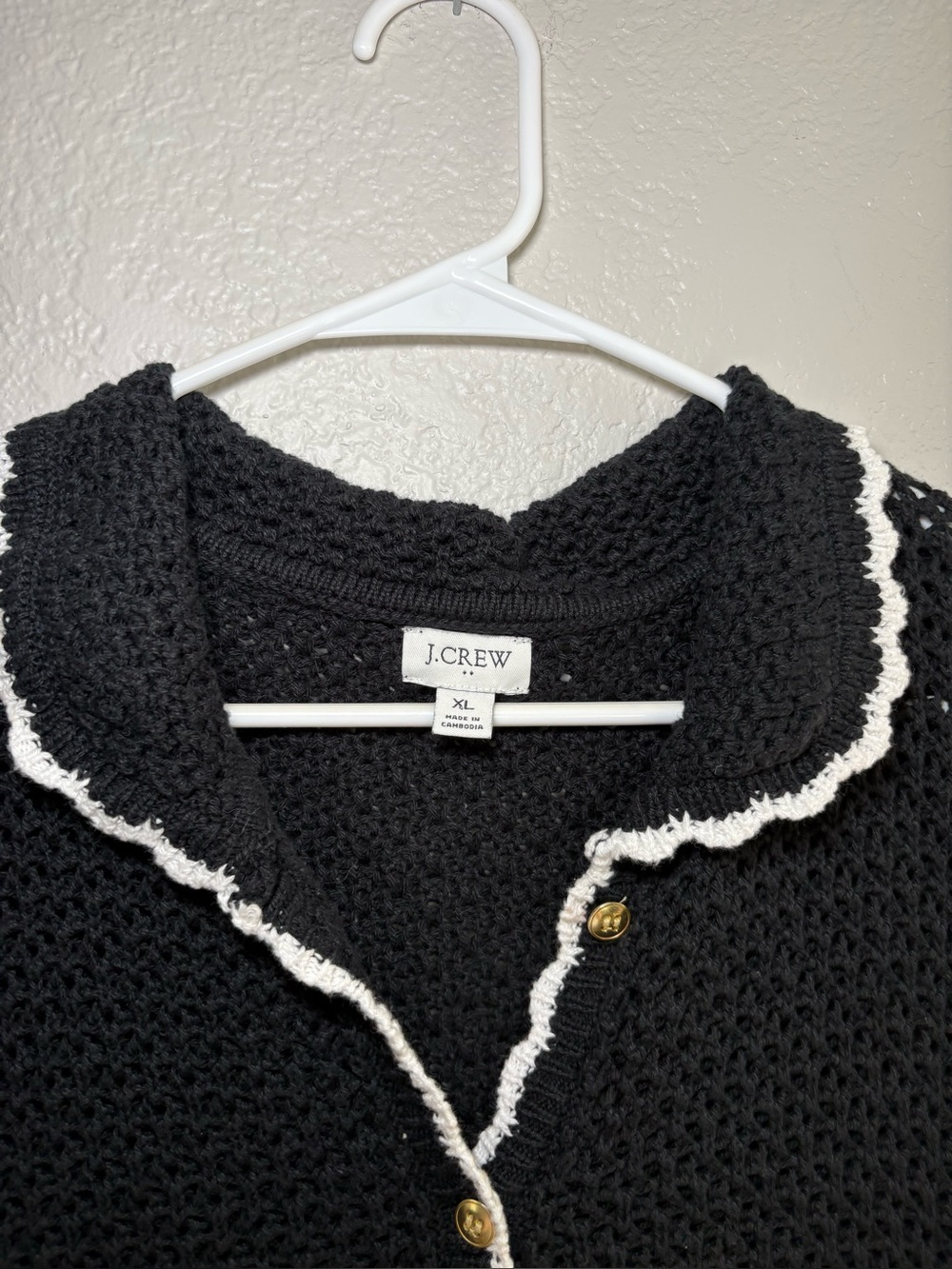 J.Crew Factory Short Sleeve Crochet Gold Button Cardigan Sweater Black XL - Picture 7 of 10